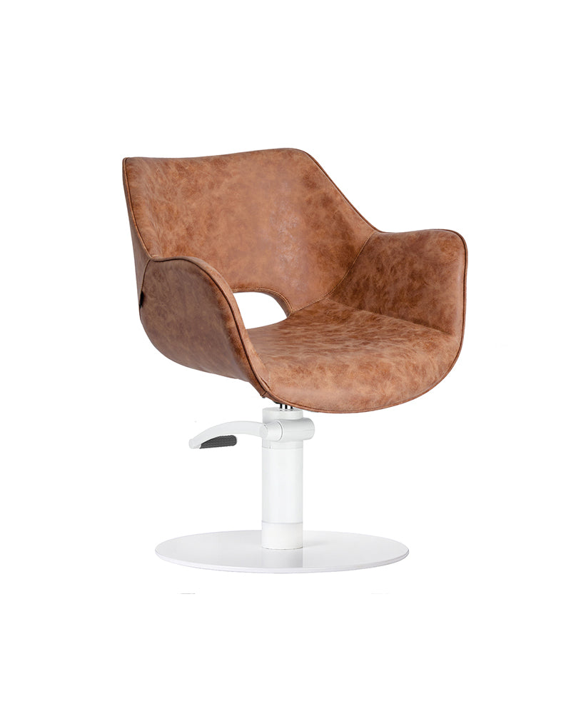 Chloe Tan - Brown hairdressing chair - White round base